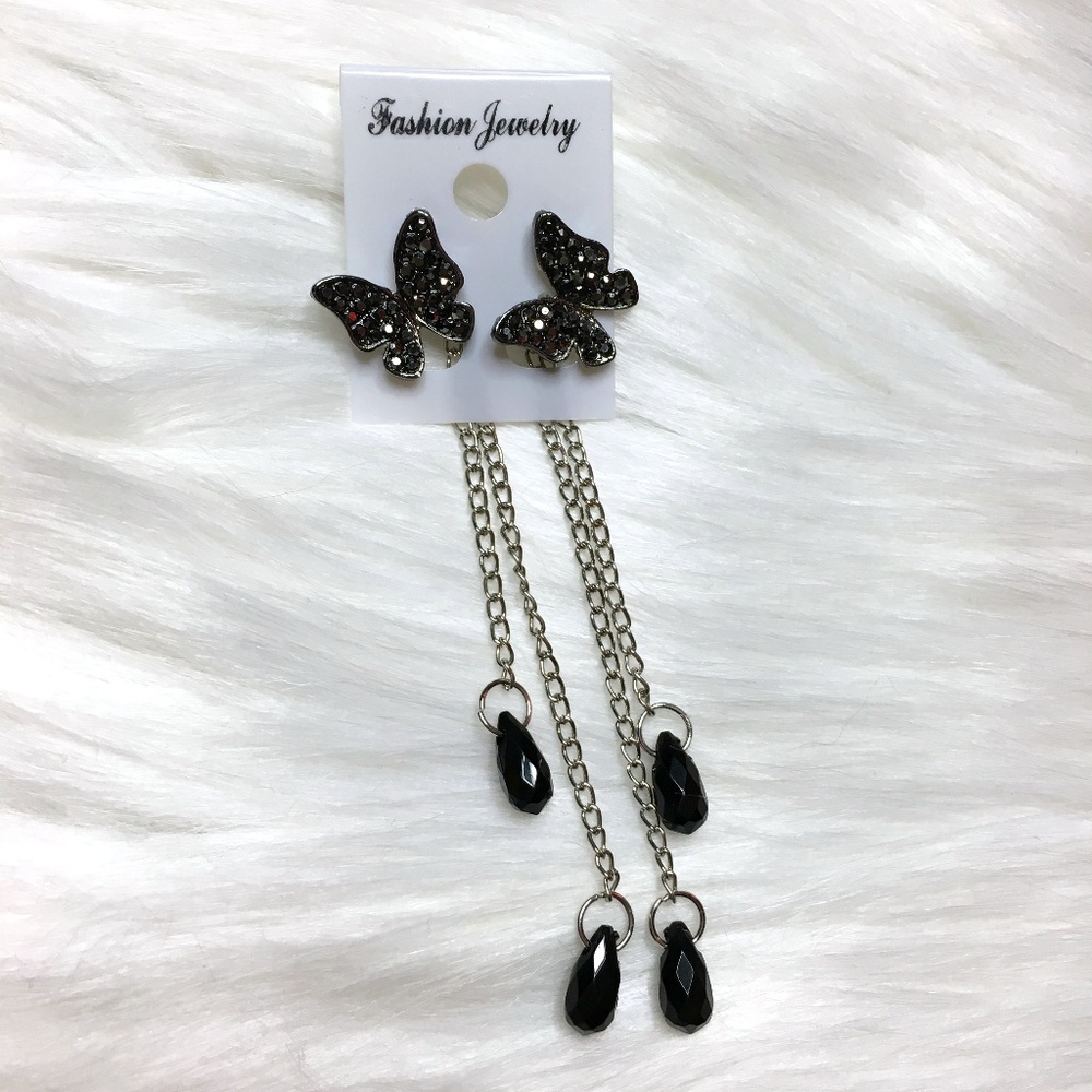 Beautiful Black Crystal Butterfly Dangle Earrings